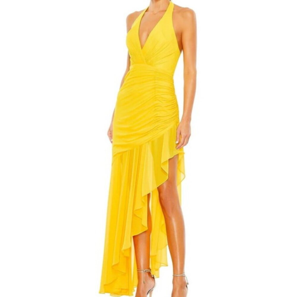 Mac Duggal Sunshine Yellow Ruched Asymmetric Chiffon Dress